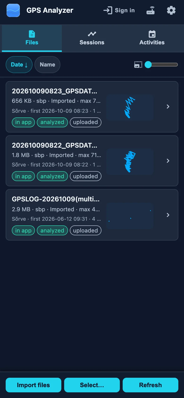 GPS Analyzer Files view with imported GPS logs and their sessions